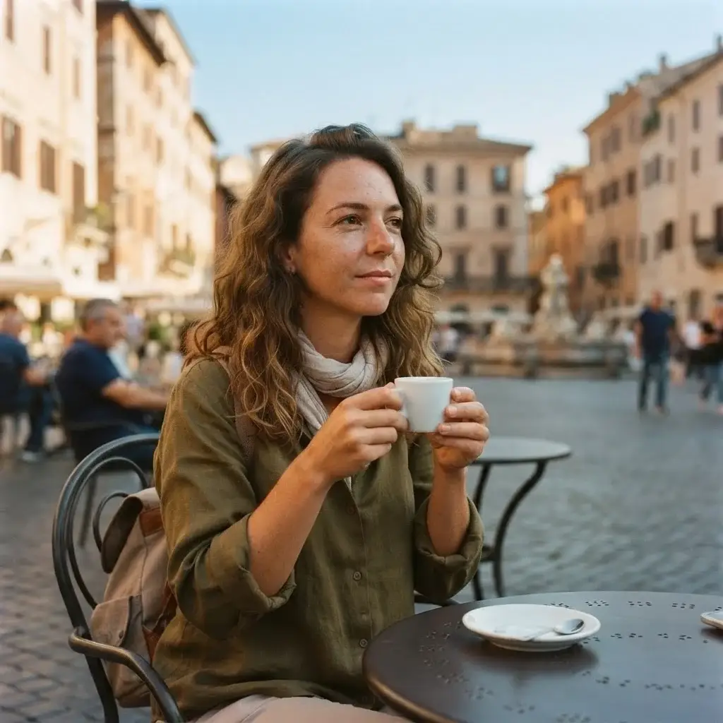A young female traveler with natural brown hair sitting at a rustic cafe table in a historic Rome piazza, candidly observing local life with an espresso, wearing earthy linen travel clothing.