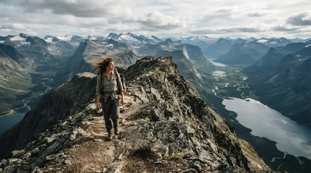 A wide-angle view of a solo traveler walking along the exposed Romsdalseggen mountain ridge in Norway, with vast emerald valleys in the background.