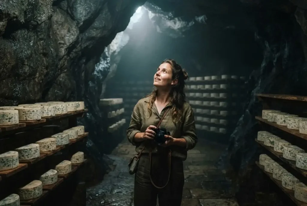 Solo traveler exploring a dim limestone aging cave lined with rounds of blue Roquefort cheese in Roquefort-sur-Soulzon, France