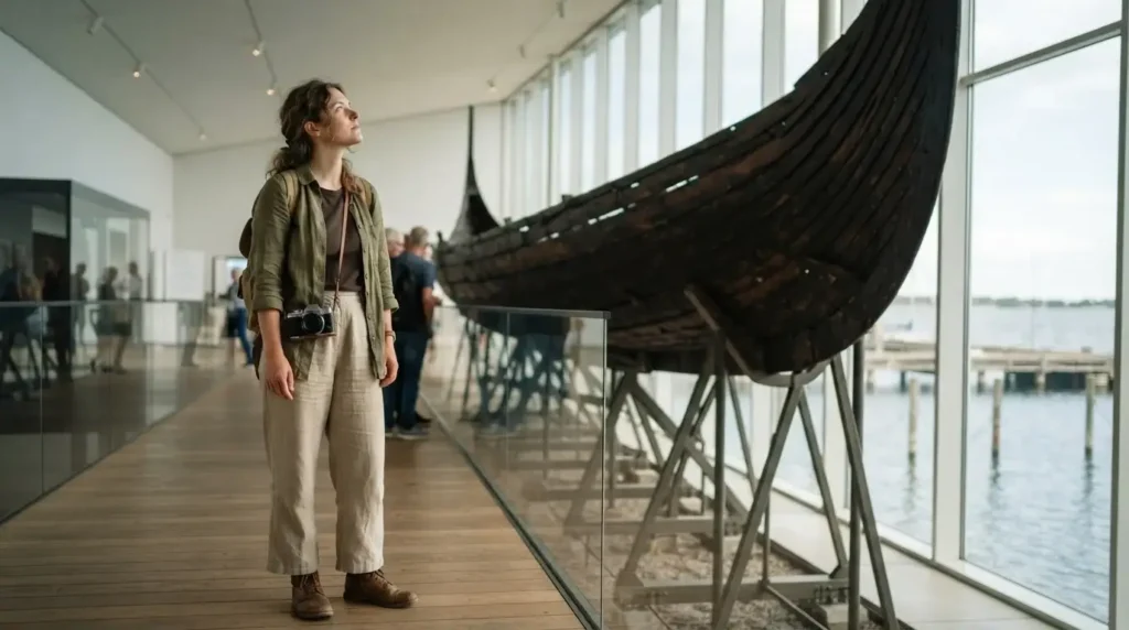 Original Viking ship on display at the Viking Ship Museum in Roskilde, Denmark, sunlight streaming through museum windows