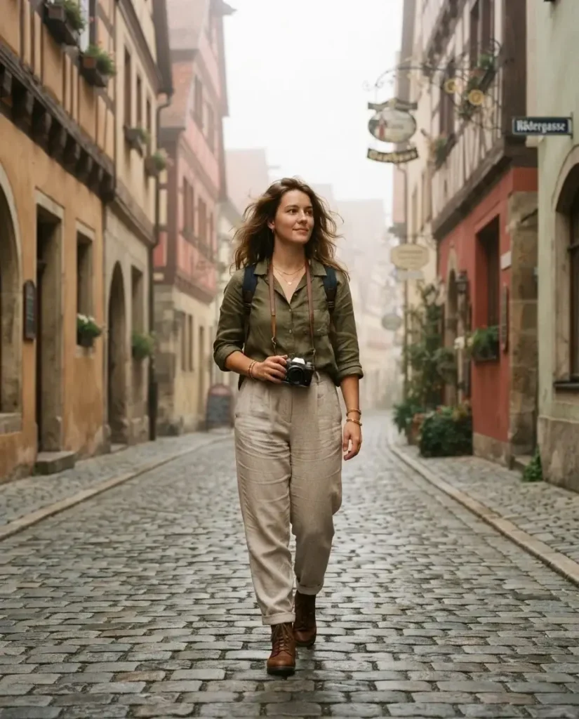 Solo traveler walking through Rothenburg ob der Tauber's half-timbered old town street in misty morning light, Bavaria, Germany