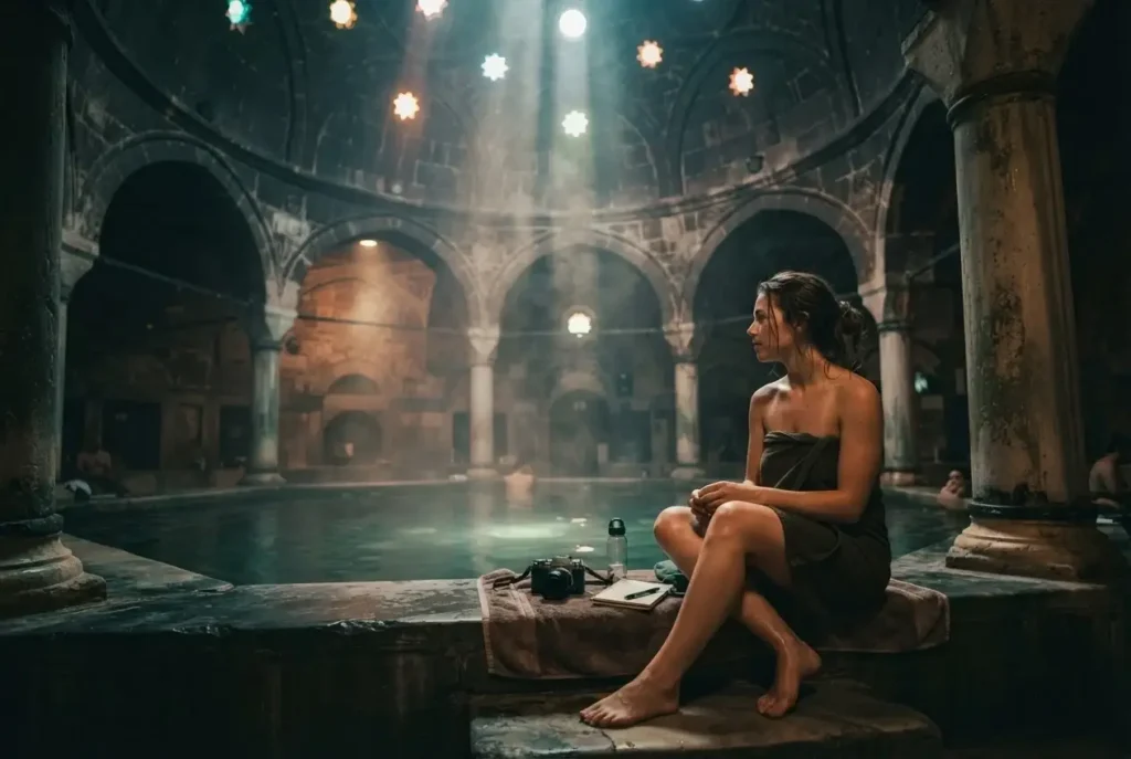 Historic octagonal domed pool of the Ottoman-era Rudas Baths in Budapest, Hungary, with soft light through the dome