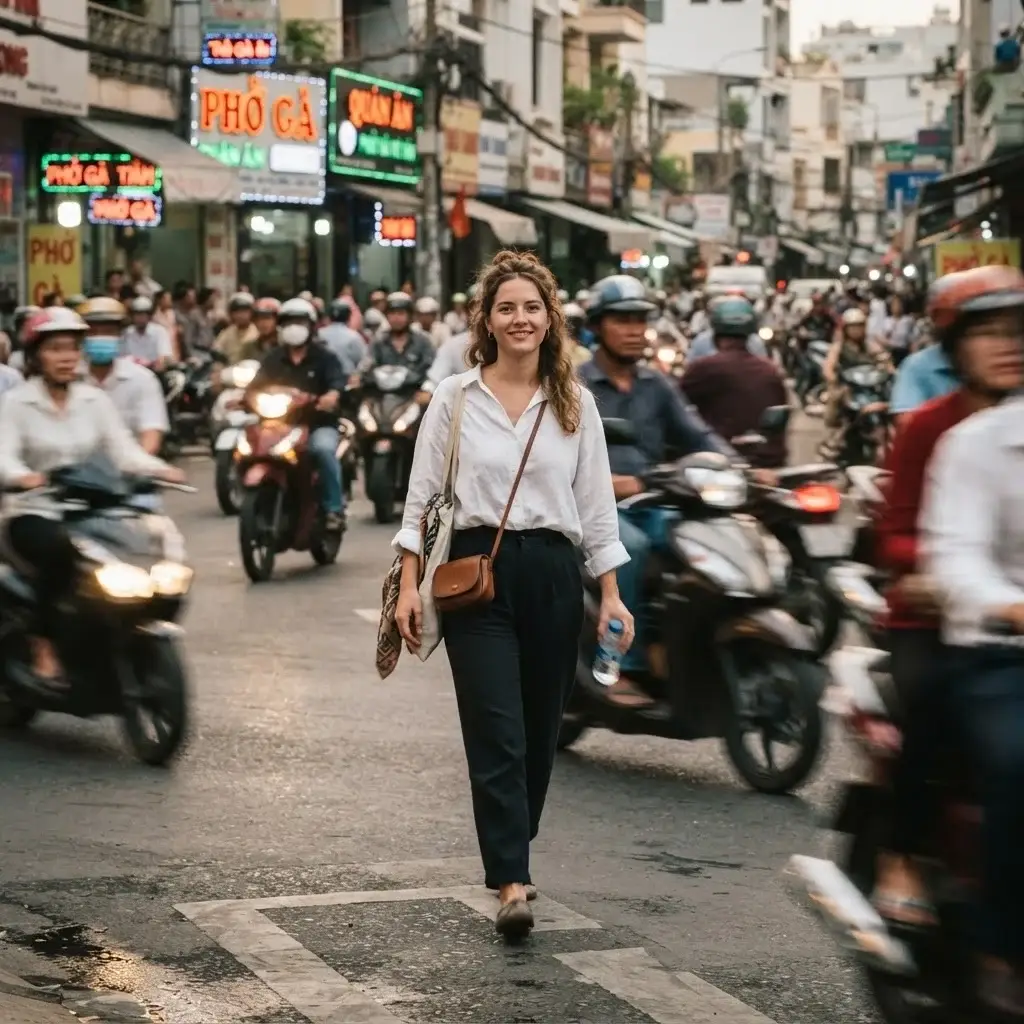 A solo traveler crossing a bustling Ho Chi Minh City street with confidence, surrounded by a river of motorbikes in the background.