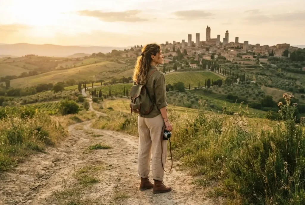 Solo traveler on a Tuscan hillside path with San Gimignano's medieval stone towers skyline in the background, Italy