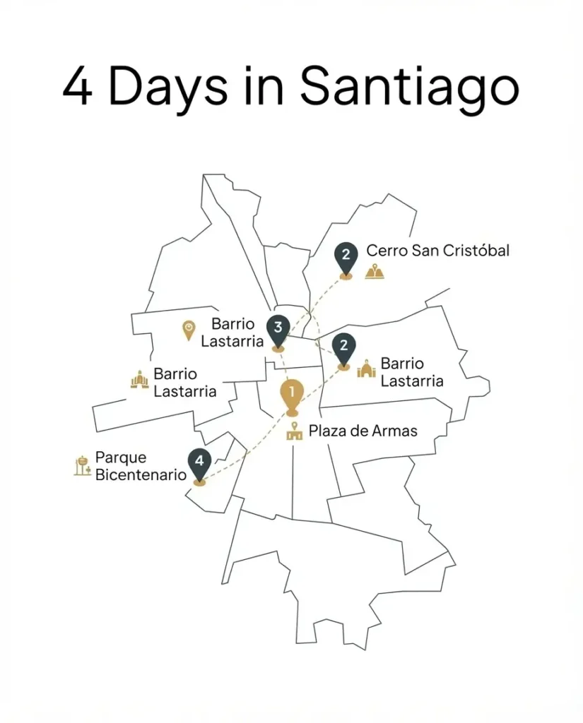 A flat-vector route guide infographic displaying a 4-day travel itinerary for Santiago, Chile, with daily milestones from Plaza de Armas to Parque Bicentenario.