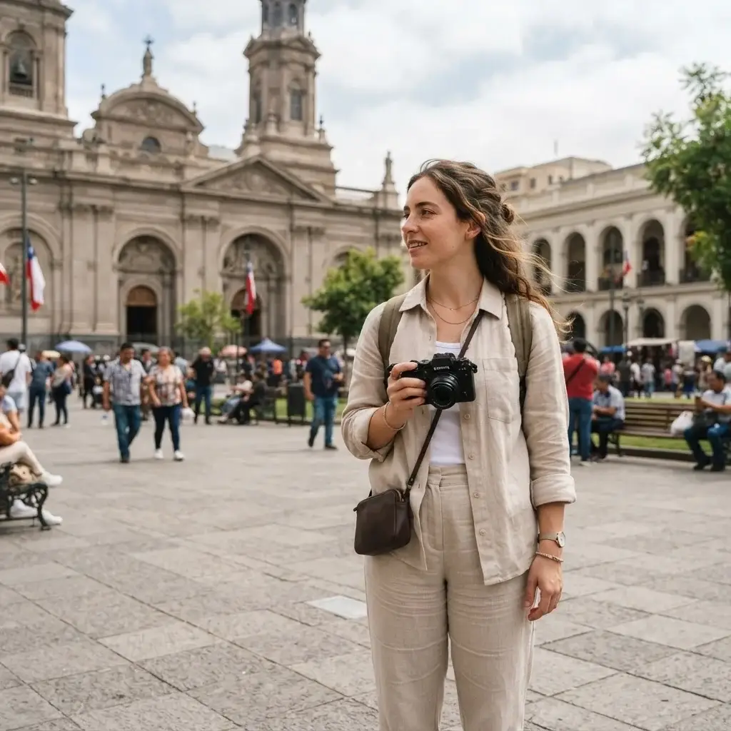 A candid eye-level shot of a female solo traveler with brown hair observing the bustling Plaza de Armas in Santiago, Chile, with colonial architecture and vibrant city life in the background.