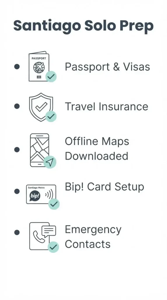 A sleek, minimalist checklist infographic for solo travelers visiting Santiago, Chile, outlining essential preparation steps including documents, insurance, and apps.