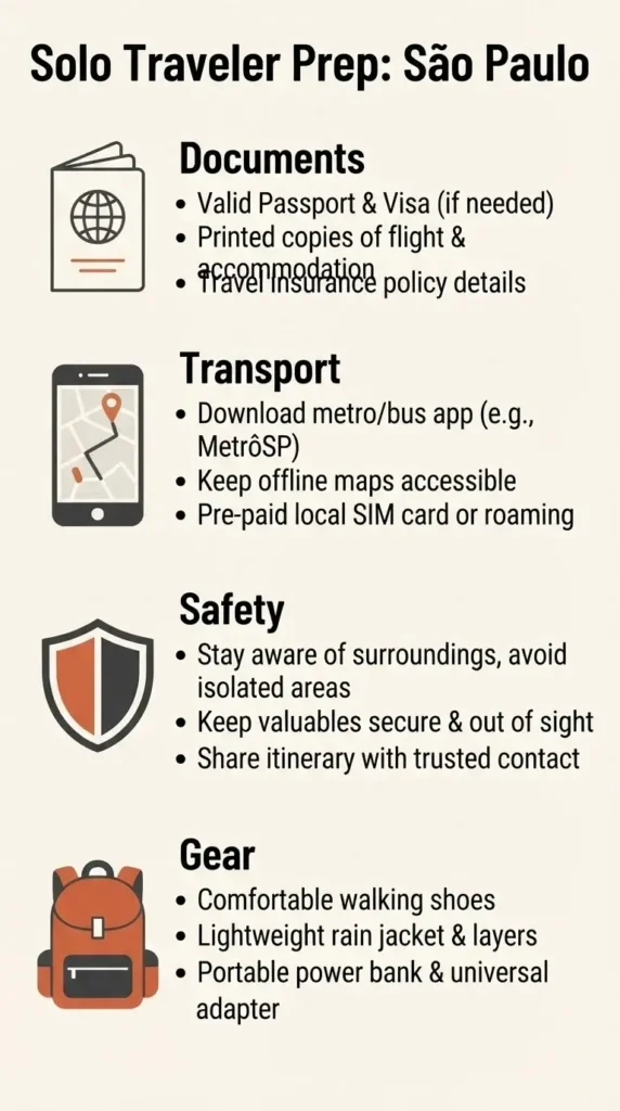 A minimalist checklist infographic for solo travelers visiting São Paulo, highlighting safety precautions and essential gear to pack.