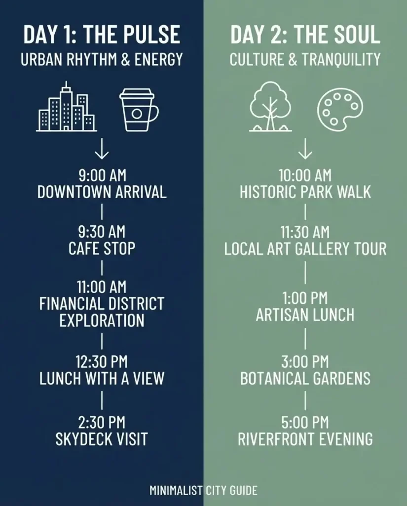 A flat vector infographic comparing Day 1 and Day 2 of a São Paulo weekend trip, outlining the specific focus for each day.