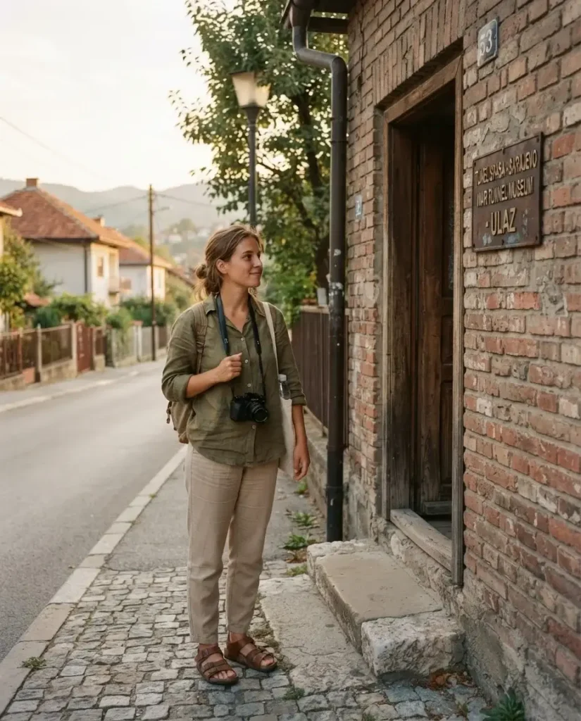 Solo traveler with a camera standing at the entrance of the Sarajevo Tunnel of Hope museum in Bosnia and Herzegovina