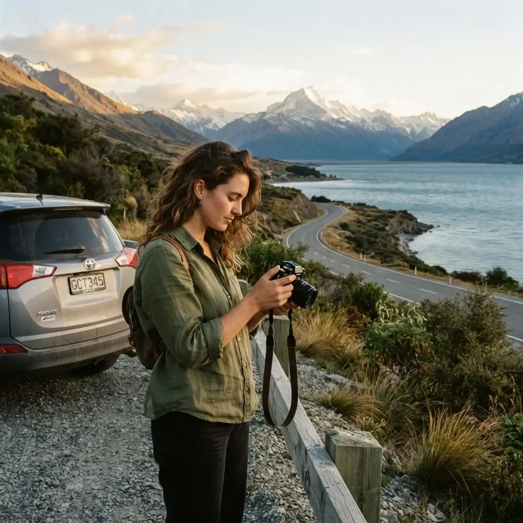 A solo female traveler leaning against the hood of a car on the scenic road to Glenorchy, New Zealand, capturing a photo of the dramatic snow-capped mountains and alpine lake scenery.