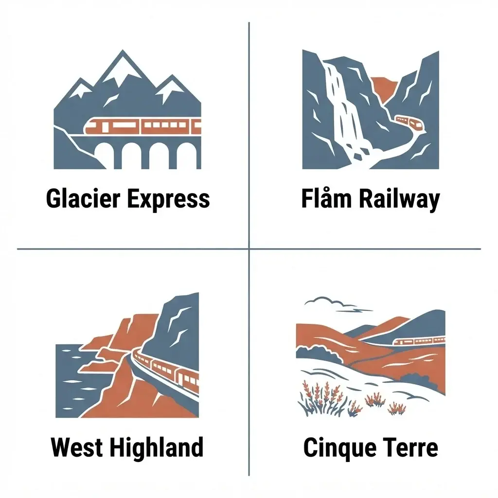 A 1:1 square comparison chart displaying the Glacier Express, Flåm Railway, West Highland Line, and Cinque Terre Express with landscape icons.