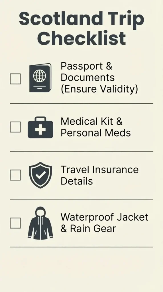 A clean, minimalist checklist for travelers planning a Scotland castle trip, including passport, insurance, waterproof gear, and offline maps.