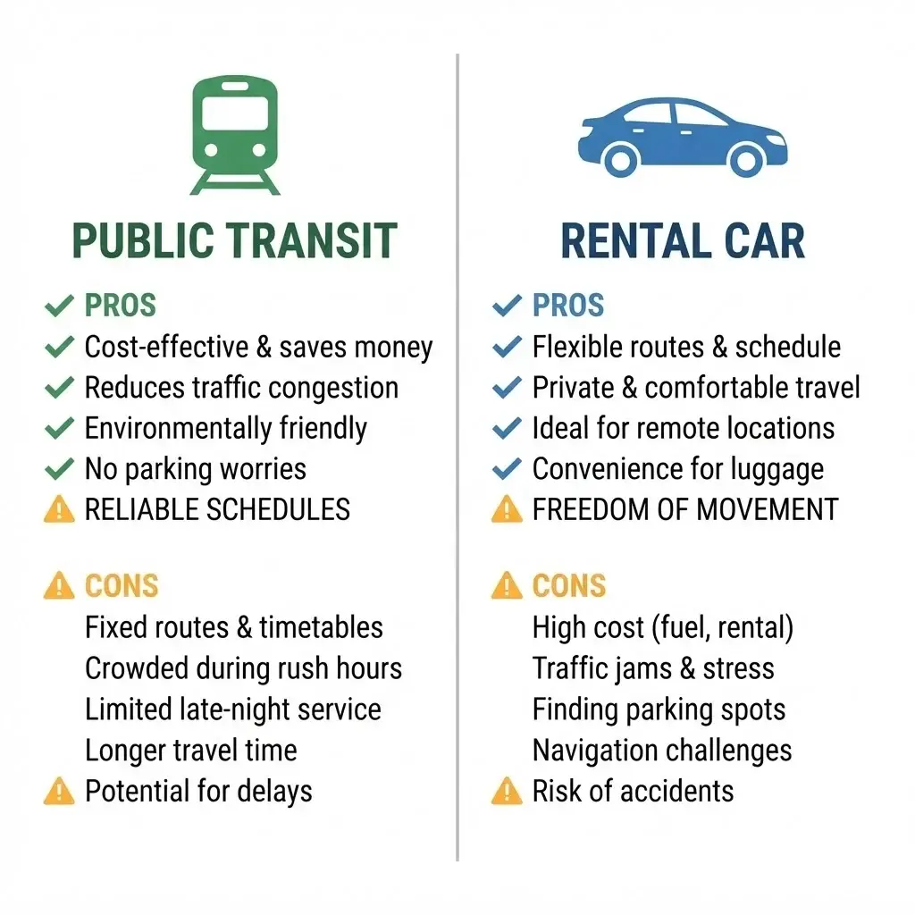 A comparison chart between public transport and car rental for Scottish castle travel, detailing pros, cons, and traveler type.
