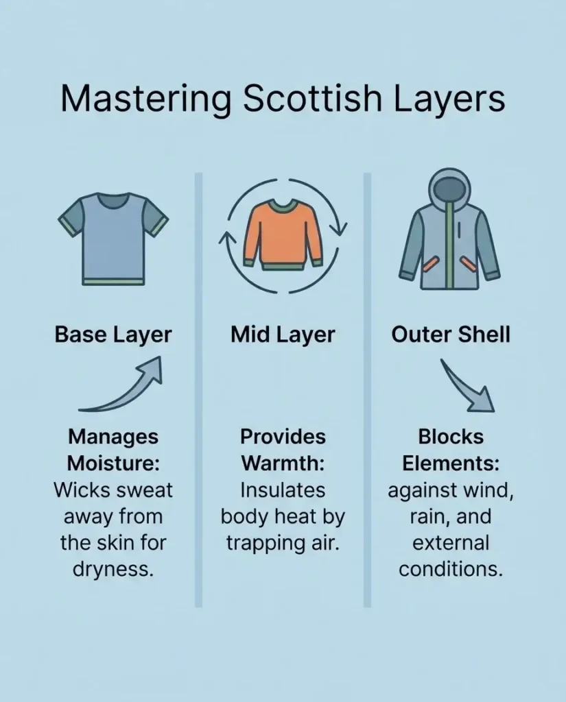 An illustration of the three-layer clothing system for unpredictable Scottish weather: base, mid-layer, and waterproof shell.