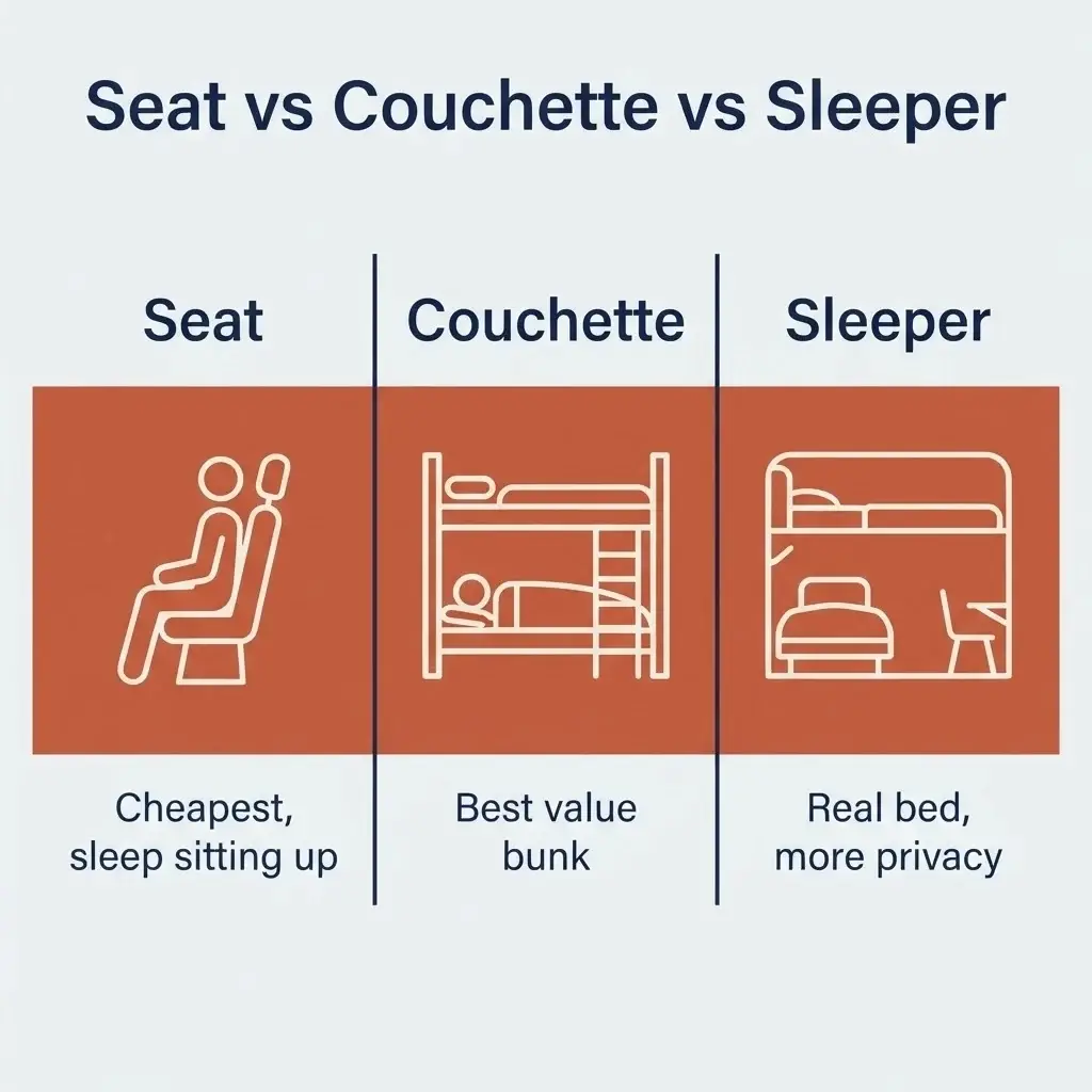 Flat vector diagram comparing seat, couchette, and sleeper cabin options on European night trains with typical budget prices
