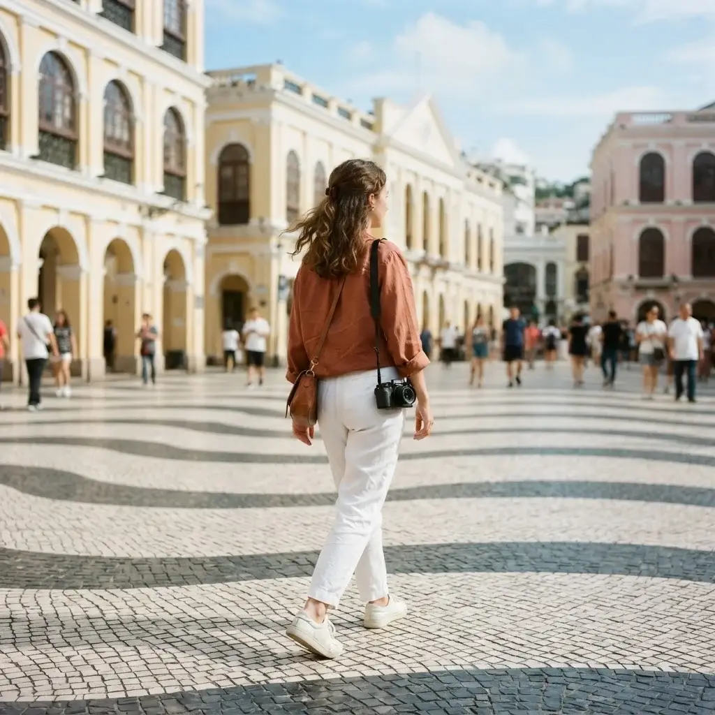 A 20-something solo female traveler with brown hair walking across the wave-patterned stone mosaic pavement of Senado Square in Macau past pastel-colored historic European buildings.