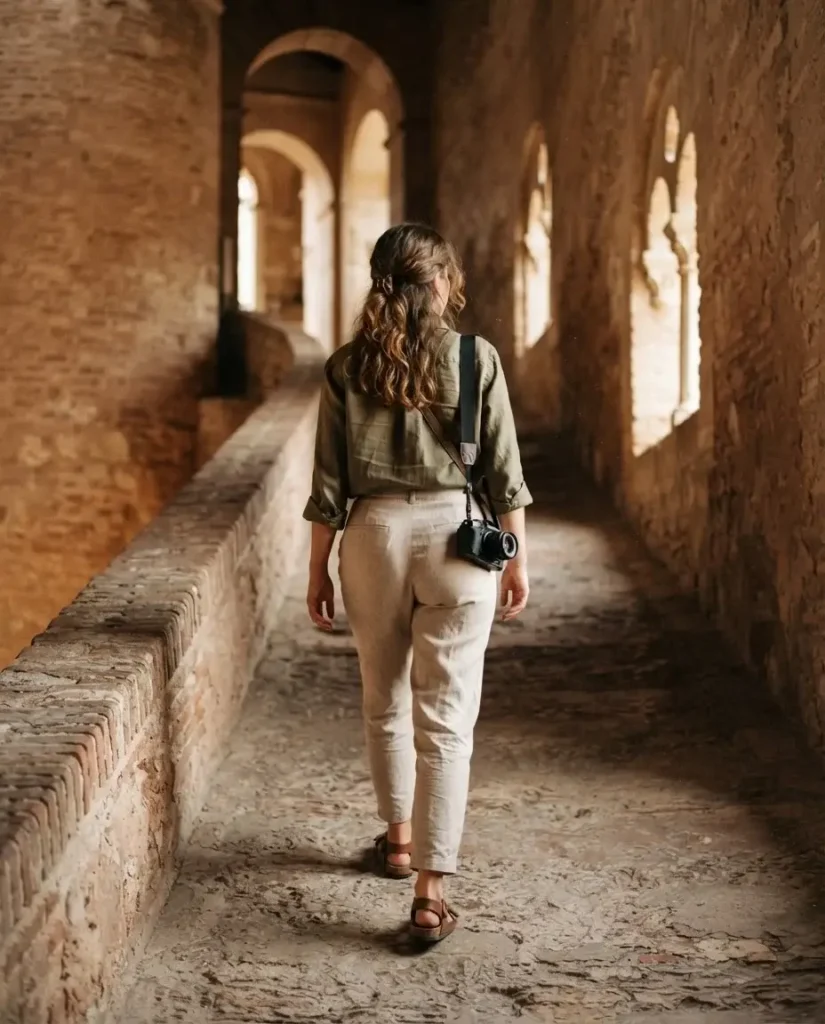 Solo traveler climbing the ramped interior of La Giralda tower inside Seville Cathedral, Spain