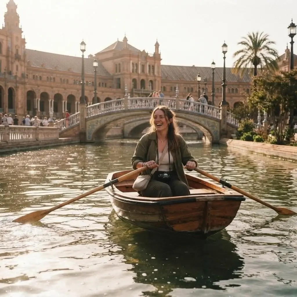 A solo traveler rowing a small boat on the canal at the Plaza de España in Seville, surrounded by the beautiful historic brick architecture.