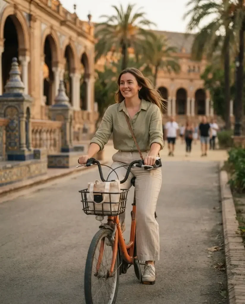 Solo traveler riding a Sevici share bike past the Plaza de España in Seville, Spain, during warm golden-hour light