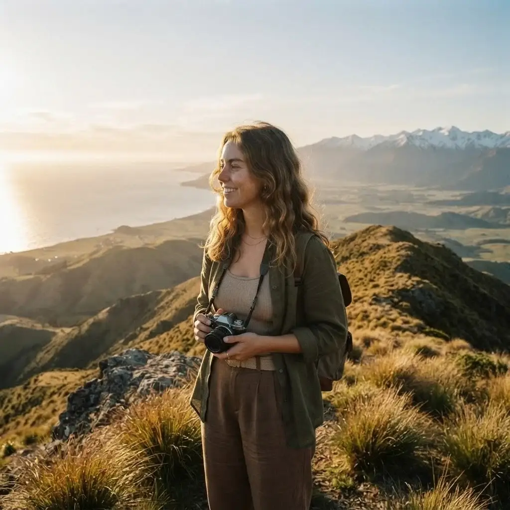 A female traveler looking out from the Port Hills near the Sign of the Kiwi, overlooking the Christchurch coastline and Southern Alps under a clear sky.