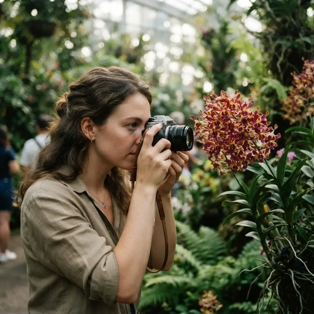 A close-up candid photograph of a female traveler with brown hair in earthy linen apparel focusing her mirrorless camera on bright purple and gold orchids inside the misty National Orchid Garden in Singapore.