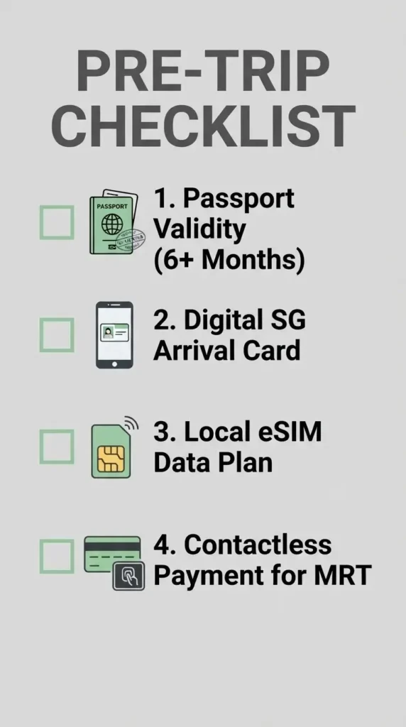 A flat minimalist vertical infographic checklist titled "PRE-TRIP CHECKLIST" detailing four essential steps for visiting Singapore: passport validity, digital SG Arrival Card, local eSIM setup, and contactless credit card preparation.