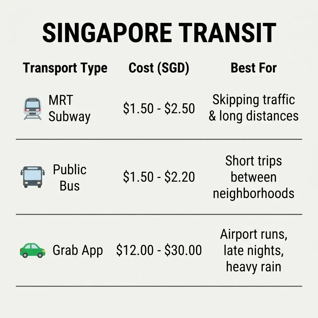 A clean flat vector matrix infographic titled "SINGAPORE TRANSIT" comparing MRT Subway, Public Bus, and the Grab App across columns for cost per ride and best localized use-case scenarios.