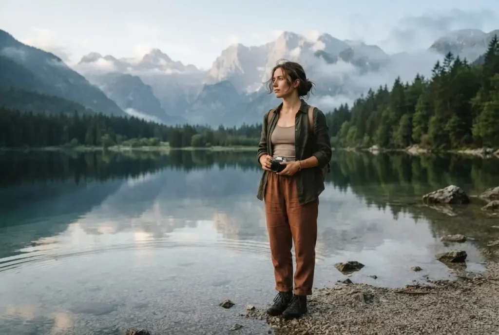 Solo female traveler with a camera by the turquoise water of Lake Bohinj in Triglav National Park, Slovenia at dawn
