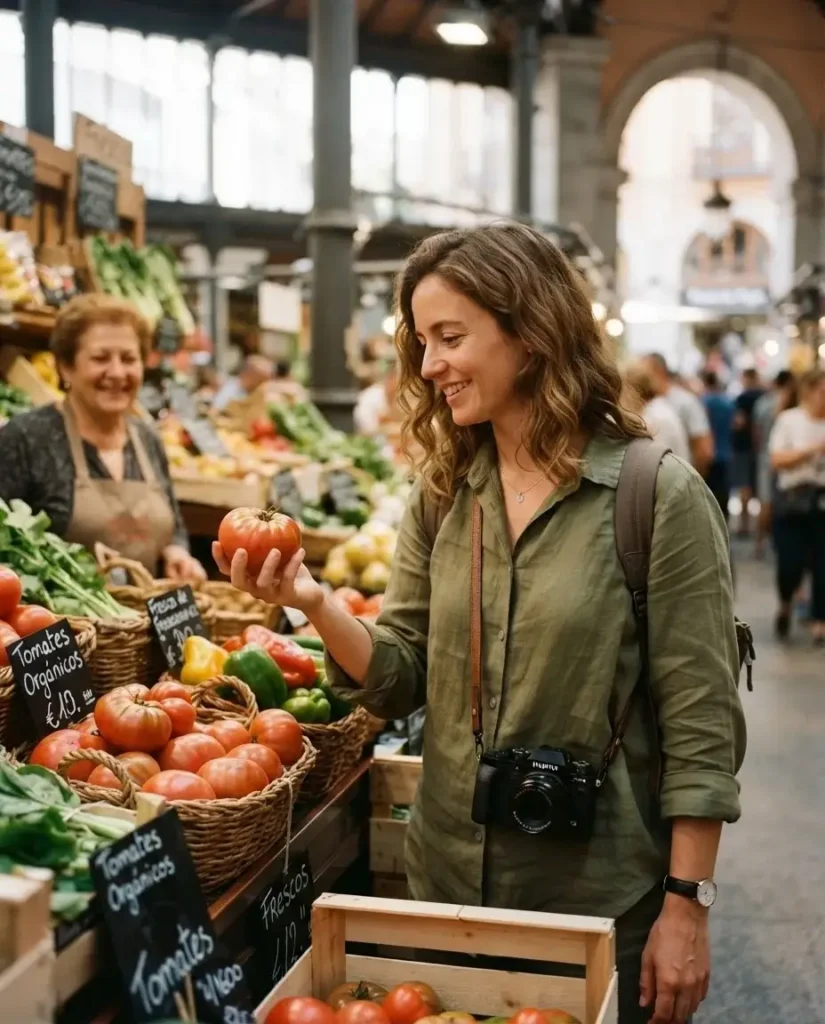 Solo female traveler browsing fresh produce at a local European market, choosing ingredients to cook like a local