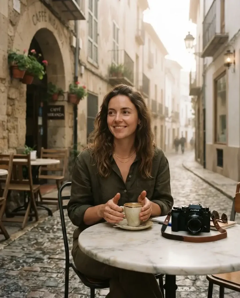 Solo traveler enjoying a slow morning coffee at a quiet neighborhood cafe on a cobblestone street in southern Europe