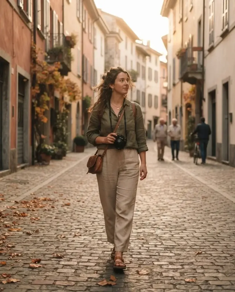 Peaceful shoulder-season street in a European town with soft autumn light and few crowds, ideal for slow travel