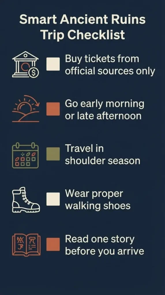 Flat vector checklist of smart tips for visiting ancient ruins in Europe including buying official tickets, going early, and shoulder season travel