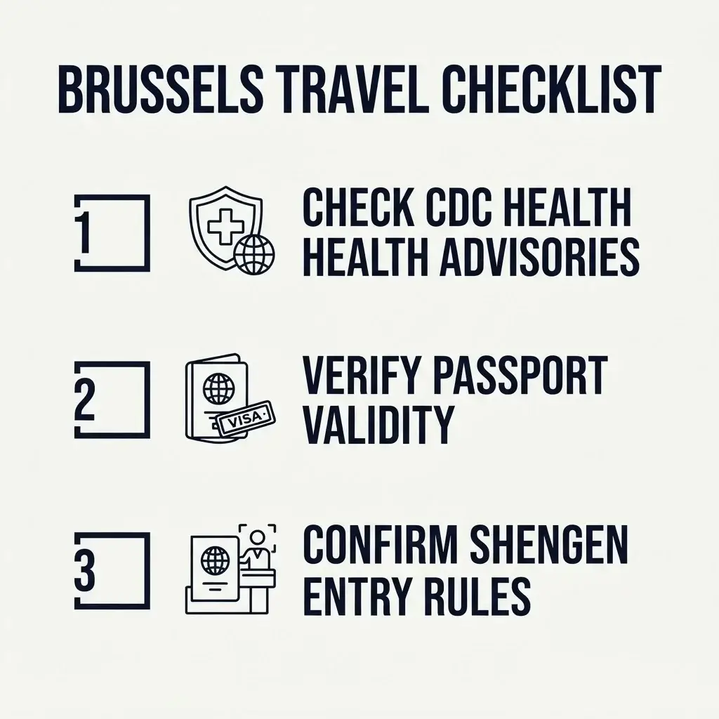 A clean vertical checklist infographic outlining step-by-step travel preparation for Brussels, including health advisories, passport validity, and entry rules.