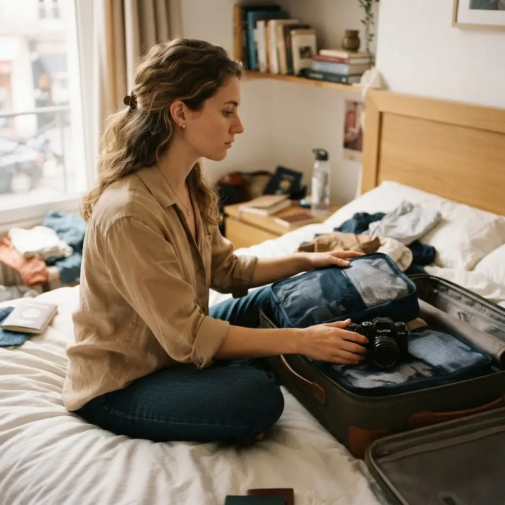 Emma Collins packing her mirrorless camera and rolling up linen shirts into a well-organized travel bag.