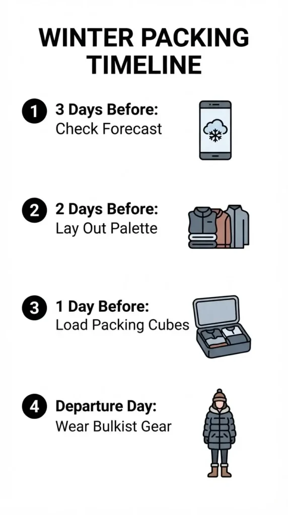 A vertical step-by-step vector timeline checklist tracking winter packing preparation from 3 days out down to departure day.