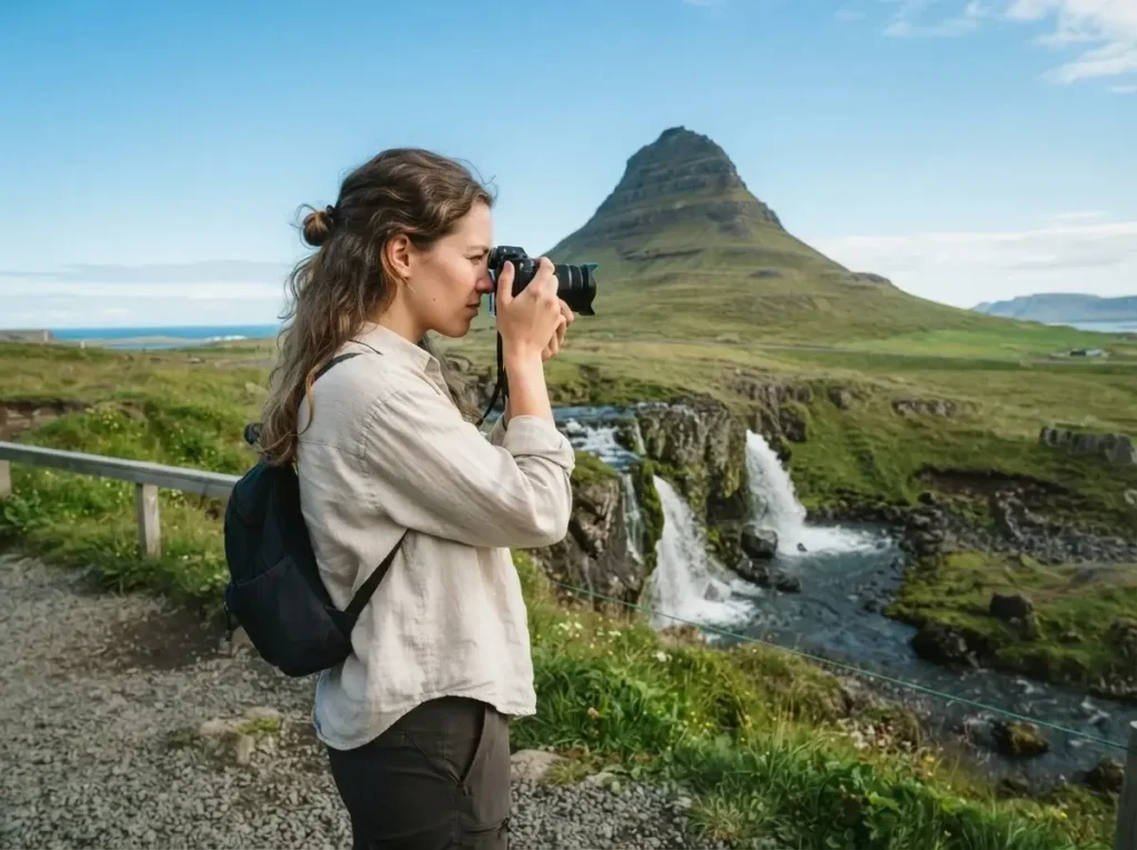 A young female traveler with a mirrorless camera framing a shot of Kirkjufell mountain and waterfall in the Snaefellsnes Peninsula, Iceland.