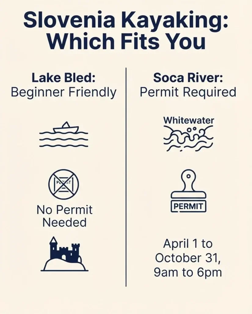 Comparison infographic of Lake Bled versus Soca River kayaking difficulty, permits, and season in Slovenia.