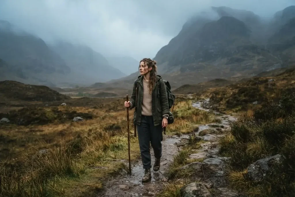 A solo female traveler walking through a misty, green glen in the Scottish Highlands, with rolling mountains in the distance.