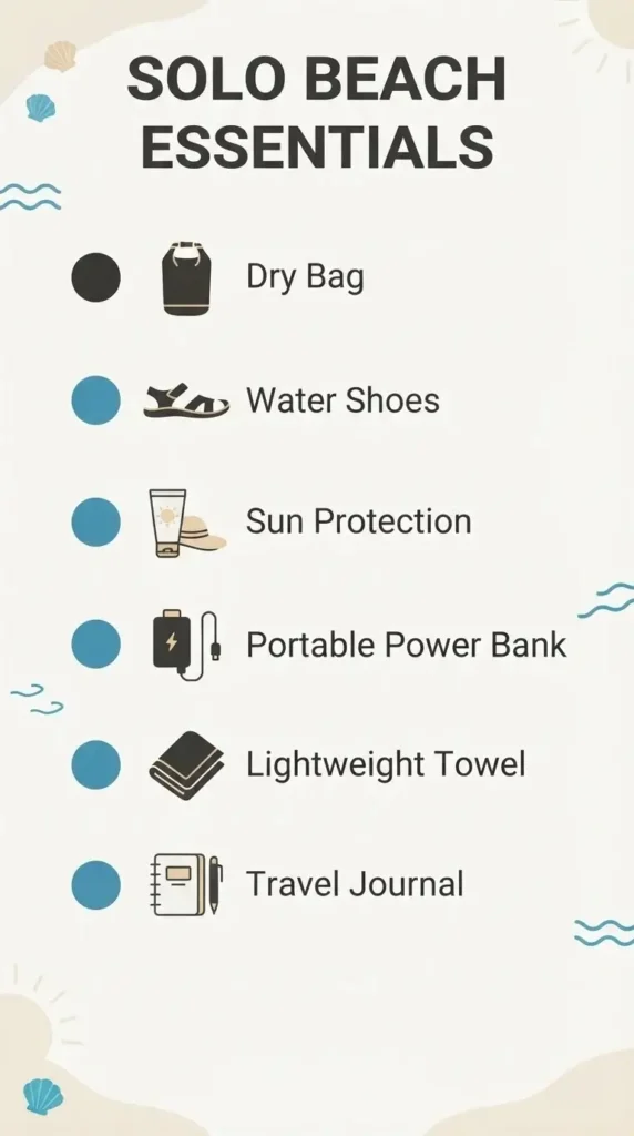 A clean, minimalist checklist infographic for solo beach travelers listing essential items like a dry bag, water shoes, reef-safe sunscreen, and a travel journal.