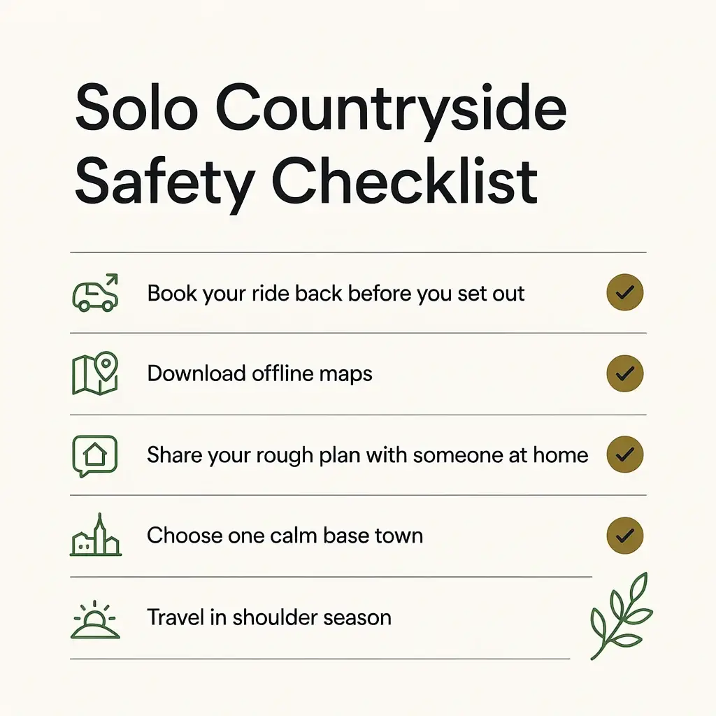 Flat vector solo travel safety checklist for peaceful countryside getaways in Europe