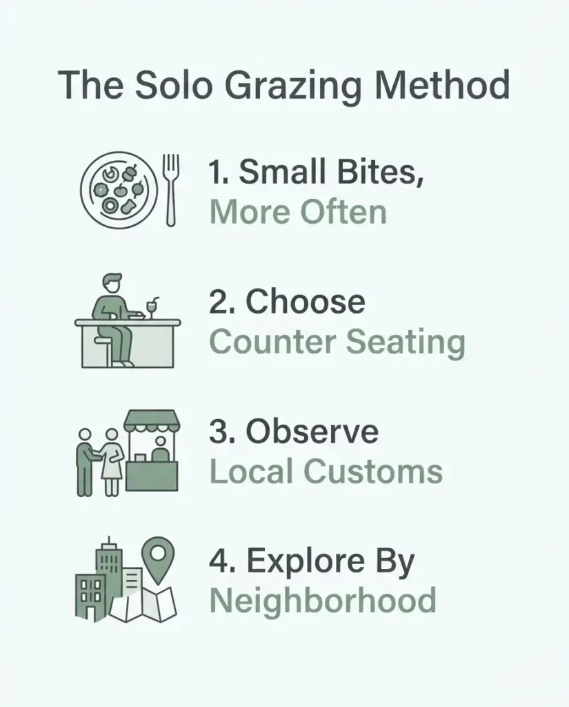 An infographic showing the four-step grazing method for solo travelers: order small portions, sit at the bar, observe locals, and move between neighborhoods.
