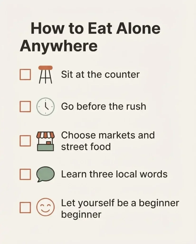 Minimalist checklist infographic of tips for dining alone confidently while traveling solo in Europe