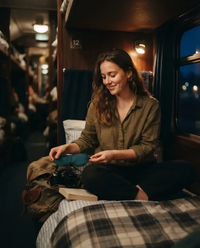  Female solo traveler settling into a night train bunk in Europe with earplugs, eye mask and small daypack for safe comfortable overnight sleep