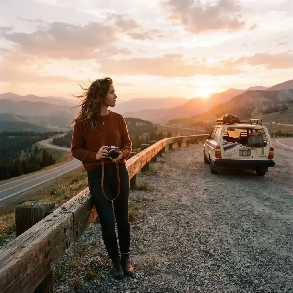 A natural 20-something female traveler standing on a scenic highway overlook, looking out over rolling hills at sunset with her classic station wagon parked nearby.