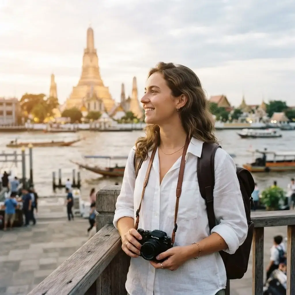 A candid eye-level shot of a 20-something female traveler with natural brown hair, wearing a loose-fitting white linen shirt, holding a mirrorless camera while looking respectfully at a historic temple facade in Bangkok, Thailand.
