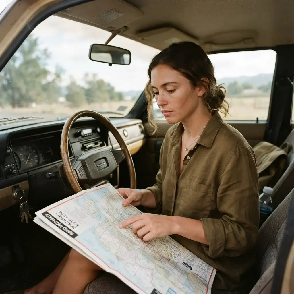 A thoughtful solo female traveler with brown hair in a linen shirt sitting inside a vintage station wagon, checking a physical paper road atlas map spread across the steering wheel.