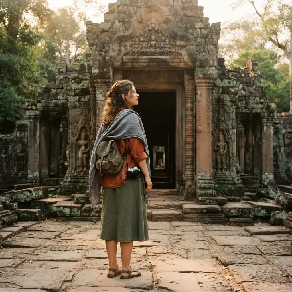 A candid eye-level shot of a female traveler with brown hair, viewed from behind as she looks toward a historic temple entry, wearing an olive green midi-skirt and a large rayon scarf wrapped respectfully over her shoulders.