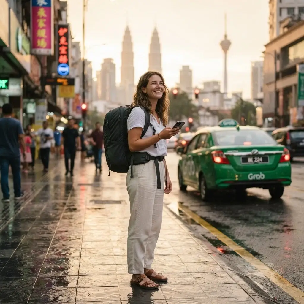 A candid eye-level shot of a female solo traveler with a single backpack smiling while confidently awaiting her Grab ride on a bustling city street in Southeast Asia.