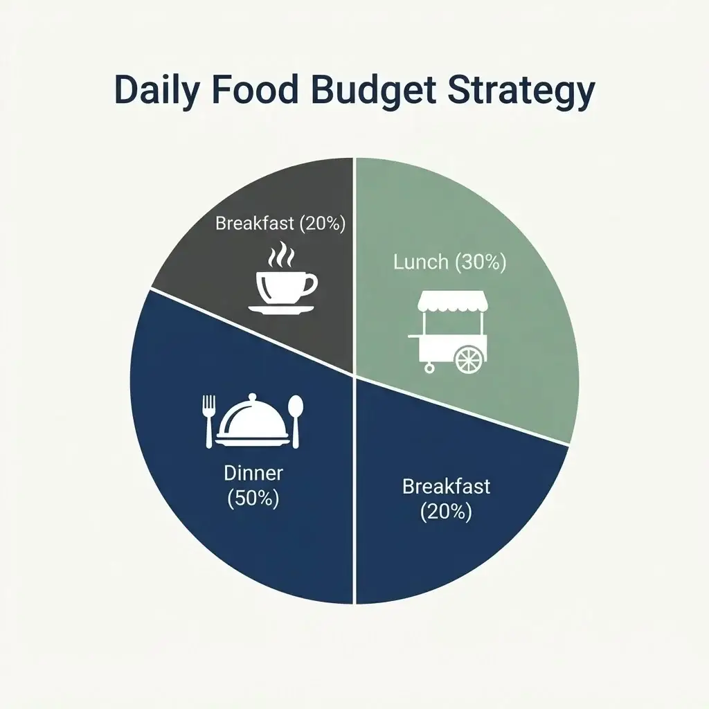 A minimalist infographic showing a budget breakdown for solo travelers including percentage allocations for breakfast, lunch, and dinner.